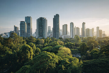 Fototapeta premium Modern city skyline with tall buildings and residential tower behind lush green forest under clear sky during daytime