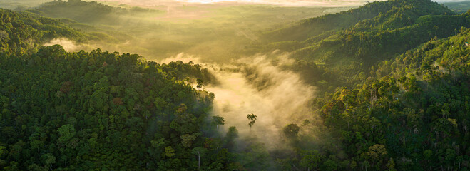 Naklejka premium Breathtaking aerial view of the sun rising over a mountain valley covered in a dense sea of rolling clouds. The golden light illuminates the mist, creating a dramatic and ethereal atmosphere