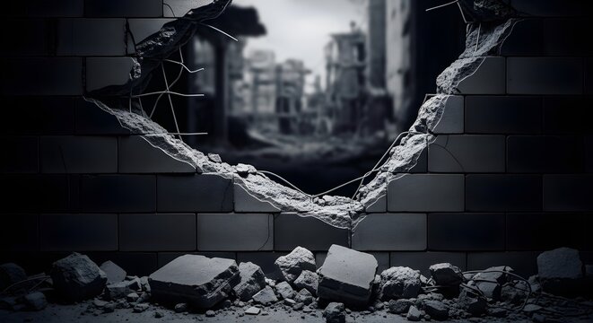 broken brick wall with heart shaped hole in cityscape background