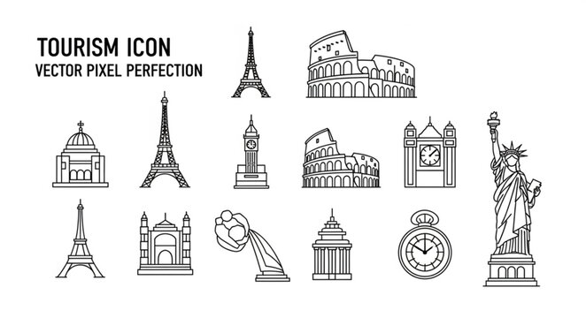 Collection of famous world landmarks and travel icons.