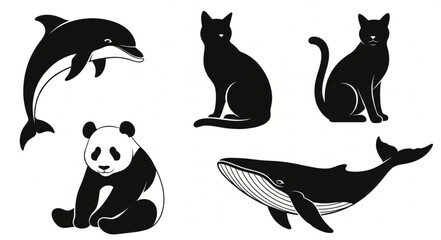 Set of five animal silhouettes including a dolphin panda two cats and a whale. © Ratu