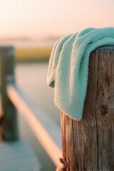 Fototapeta premium Turquoise towel hanging on a wooden post by the ocean at sunset. Summer vacation accessory for drying after swimming. Relaxing seaside lifestyle concept for travel or leisure background.