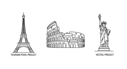 Famous Landmarks Eiffel Tower Colosseum Statue of Liberty Line Art. © Ratu