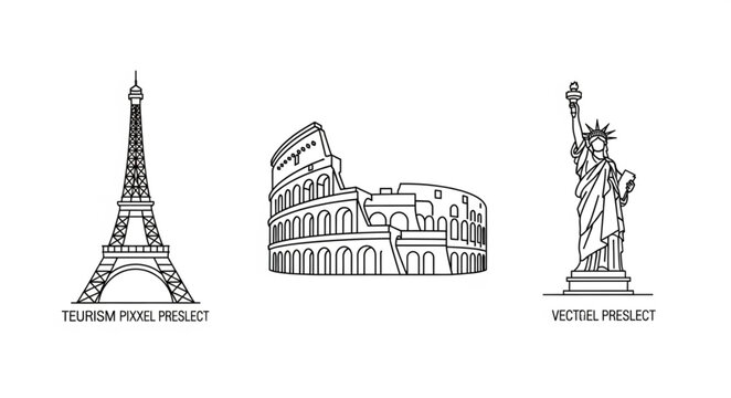 Famous Landmarks Eiffel Tower Colosseum Statue of Liberty Line Art.