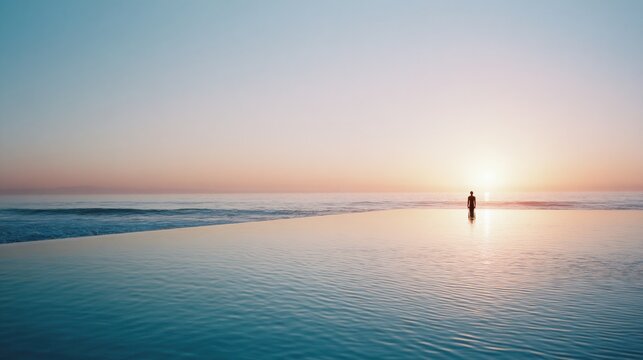 Woman standing in infinity pool overlooking ocean at sunset. Concept of peace, tranquility and luxury travel destination. Meditative moment at water edge during golden hour reflection.