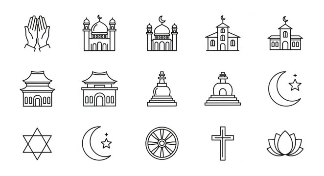 Collection of religious symbols and places of worship icons.