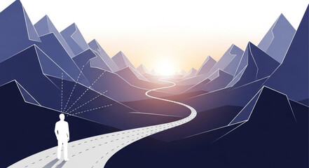 Man stands on road in mountains looking at sunrise. © pono