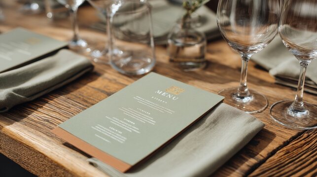 Printed menu card on elegant rustic wooden restaurant table with glass and napkin. Dining setting for wedding or reception celebration. Luxury gastronomy event planning and hospitality.
