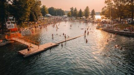 Diverse group of woman, man and kid swimming and relaxing at a crowded lakeside beach during summer. Sunny day at public recreational water park. Outdoor vacation and communal leisure.