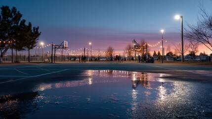 Fototapeta premium Group of people playing basketball on outdoor court at sunset. Reflected lights in puddle on asphalt surface. Community sports and evening fitness recreation in public park setting.