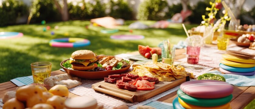 Backyard picnic table with assorted snacks and drinks. Summer barbecue party in garden with blurred lawn games on sunny day. Outdoor gathering and celebration concept for social lifestyle.