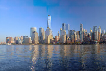 Obraz premium Modern city skyline with tall skyscraper buildings reflecting on calm water under clear blue sky during daytime, showcasing urban architecture and waterfront view