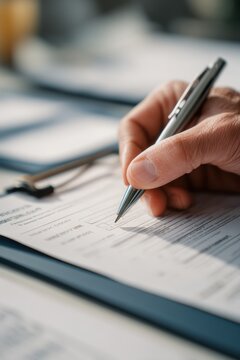 Caucasian man writing on paper document with metal pen. Business professional filling out form on clipboard. Corporate paperwork, contract signing, and administrative task management concept.