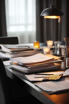 Stack of documents on office desk with calculator and lamp. Busy accountant workspace with financial paper reports. Concept of overtime work, audit, business management and stress.
