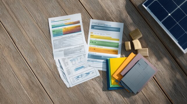 Solar panel project documents with colorful charts and data sheets on wooden floor. Renewable energy analysis and engineering planning. Environmental sustainability calculation for business.