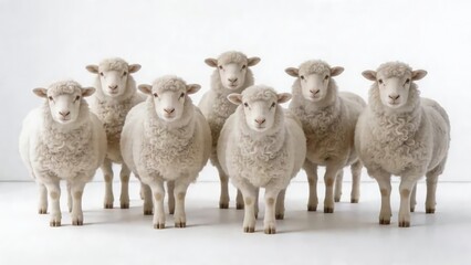 Naklejka premium Seven White Sheep Standing Together