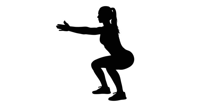 Silhouette of a woman performing a squat exercise against a white background