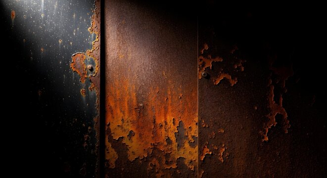 rusty metal door with peeling paint in dark environment