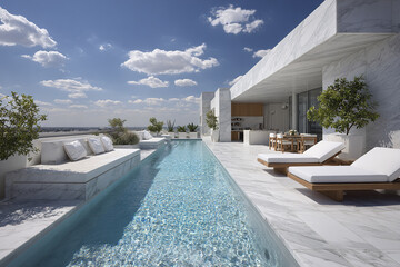 Fototapeta premium Modern rooftop relaxation area with infinity pool, white marble flooring, lounge chairs, outdoor dining table, and potted plants under bright blue sky with clouds