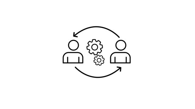 Animated workflow collaboration between two people with gears showing process automation coordination cycle interaction system and continuous improvement concept