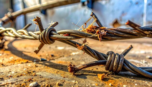 Rusty coiled barbed wire with sharp points and attached debris lying on a rough textured ground surface