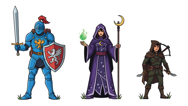 Fantasy RPG Characters Set: Knight, Wizard, and Archer. Medieval Adventure Game Heroes Illustration