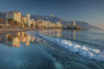 Naklejka premium Modern seaside skyline with mirrored reflections on calm water, gentle waves rolling onto sandy beach, and mountain backdrop under clear blue sky at sunrise