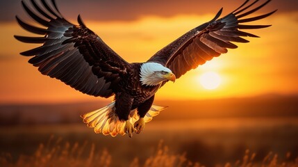 Obraz premium Majestic bald eagle flying in golden sky during glowing sunset.