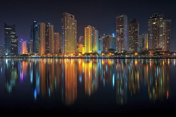 Fototapeta premium Modern city skyline at night with colorful building lights reflecting on calm water, creating vibrant and peaceful urban atmosphere