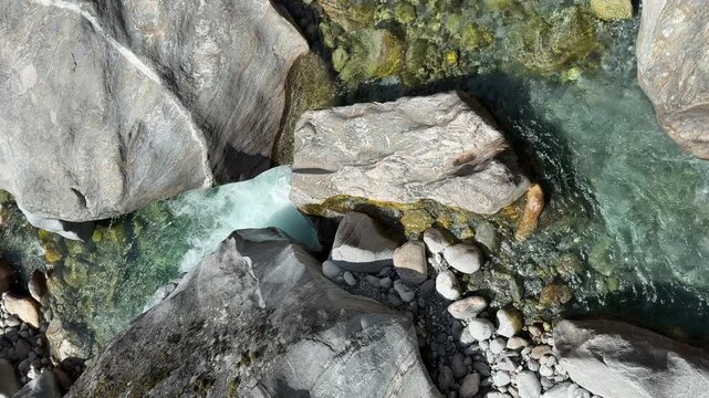 op view slow motion of mountain river flowing between rocks, clear turquoise water, peaceful nature scene, Everest region, Nepal. Relaxing, meditative natural background
