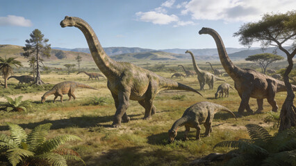 Fototapeta premium Prehistoric landscape with herd of dinosaurs grazing peacefully