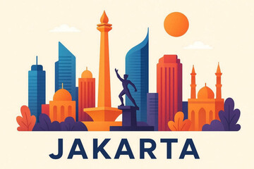Obraz premium Jakarta Indonesia City Skyline Flat Design Illustration - Iconic Landmarks Vector Art