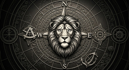 Majestic Lion Head Emblem with Compass Rose and Nautical Symbols. © pono