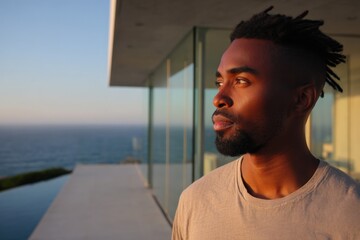 Obraz premium Young african male profile on balcony overlooking ocean at sunset in modern glass house wearing tee shirt, contemplative gaze into horizon, warm golden light