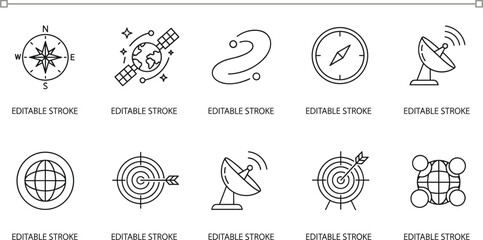 Fototapeta premium Navigation technology line icons set compass satellite radar target globe editable stroke vector collection minimal modern direction symbols