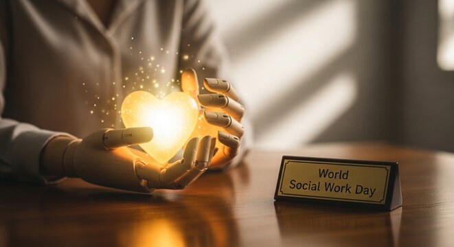Hands cradling a glowing light bulb symbolizing world social work day inspiration and hope