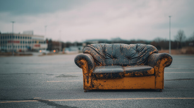 flagrant. A worn-out sofa on an empty urban lot, overcast daylight. real-estate listings, architecture portfolios, designed for interior renovation comparisons for interiors.