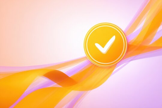 Orange checkmark badge over flowing orange and purple ribbons on soft pink background conveying approval success and elegant motion in a pastel gradient composition