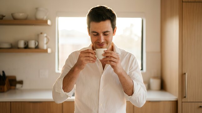 Man enjoying aroma of fresh morning coffee in bright kitchen