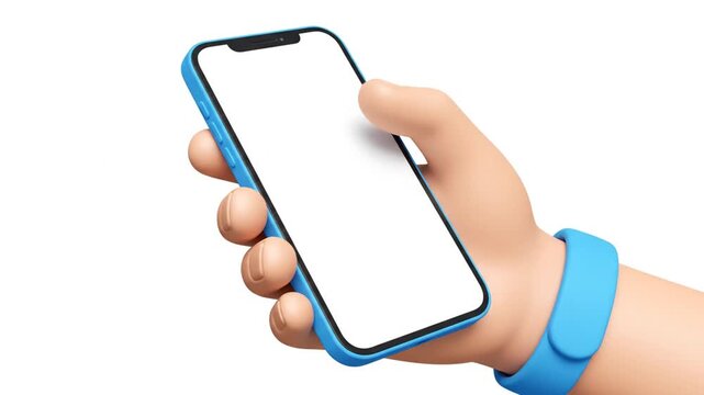 Cartoon hand holding a blue smartphone with a blank screen, isolated on white background.