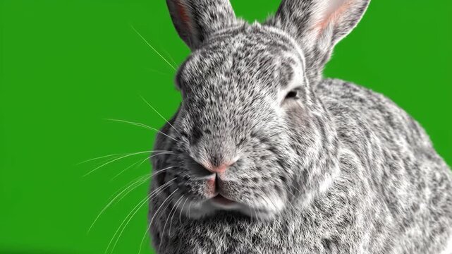 This adorable grey rabbit blinks its eyes and twitches its nose, isolated on a vibrant green screen.