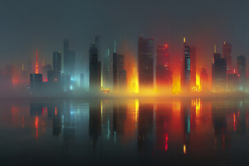 Naklejka premium Neon cyberpunk skyline with glowing skyscrapers reflecting on water, surrounded by mist and vibrant red, orange, and blue lights creating futuristic cityscape atmosphere