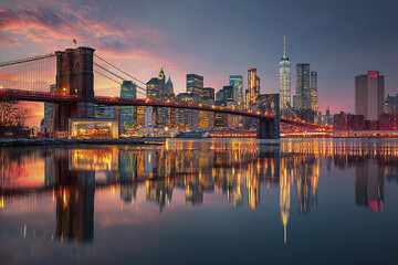 Fototapeta premium New York City skyline panorama at twilight with Brooklyn Bridge and skyscraper lights reflecting on calm water, creating vibrant and peaceful urban scene