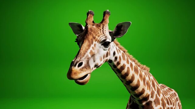 This detailed 3D animated giraffe head and neck on a green screen is perfect for chroma keying and VFX.