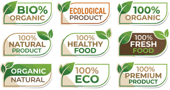 Organic eco labels collection illustration, natural product badges with green leaves for healthy food bio and sustainable branding design