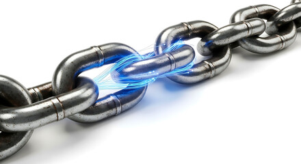 Fototapeta premium Strong metal chain with a glowing digital fiber optic link isolated on white background