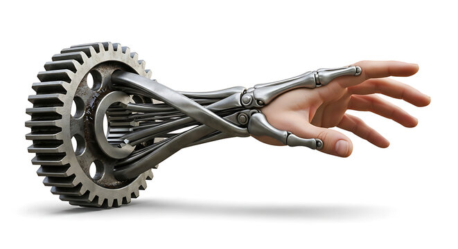 Mechanical robotic hand emerging from a metal gear isolated on white background