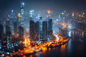 Obraz premium Night cityscape with illuminated skyscrapers and glowing streetlights reflecting on water, creating vibrant and dynamic urban atmosphere at dusk