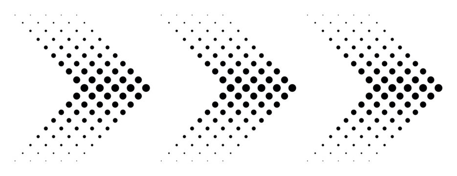 Minimal halftone arrow created with black circular dots gradient fading effect isolated on white background geometric composition modern abstract design element direction movement concept illustration
