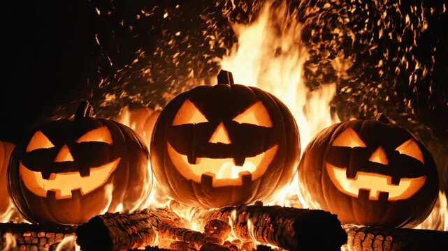 Three carved Halloween pumpkins with glowing faces illuminate a dark night, surrounded by a roaring bonfire.